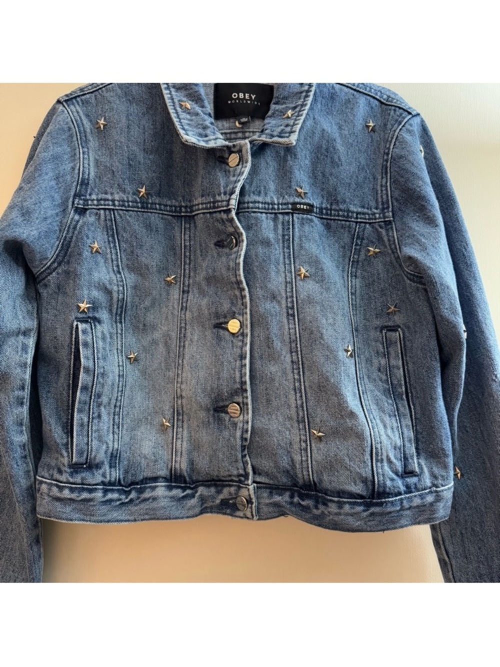 Obey Cropped Star Studded Blue Denim Jean Jacket Stardom Size Medium View 6